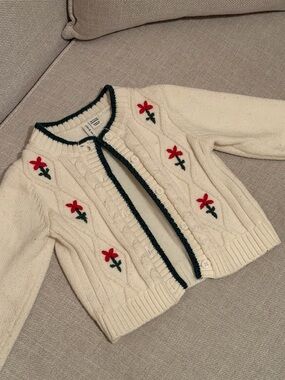 Janie and Jack Cream Cardigan with Red Floral Embroidery and Dark Green Trim